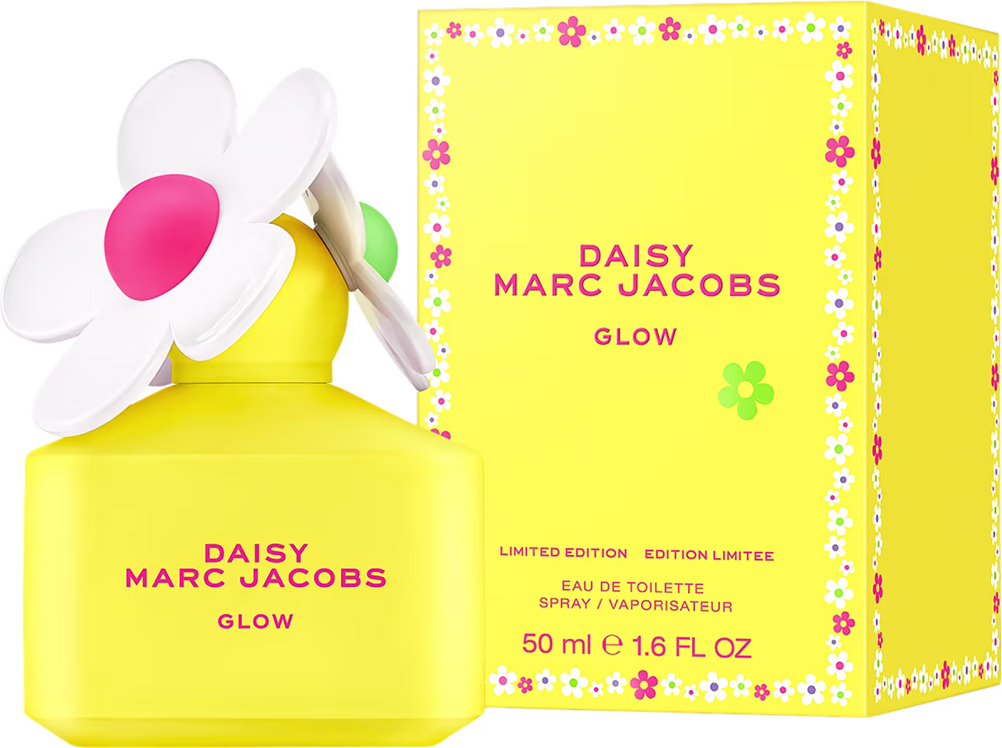 Frasco de perfume Daisy Marc Jacobs Glow, em embalagem amarela com flores estampadas, edição limitada, com 50 ml de eau de toilette.