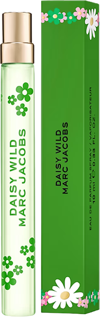 Frasco de perfume da marca Marc Jacobs, com design floral verde e branco. Embalagem retangular verde com flores estampadas. Rótulo com o nome "Daisy Wild Marc Jacobs" em letras douradas.