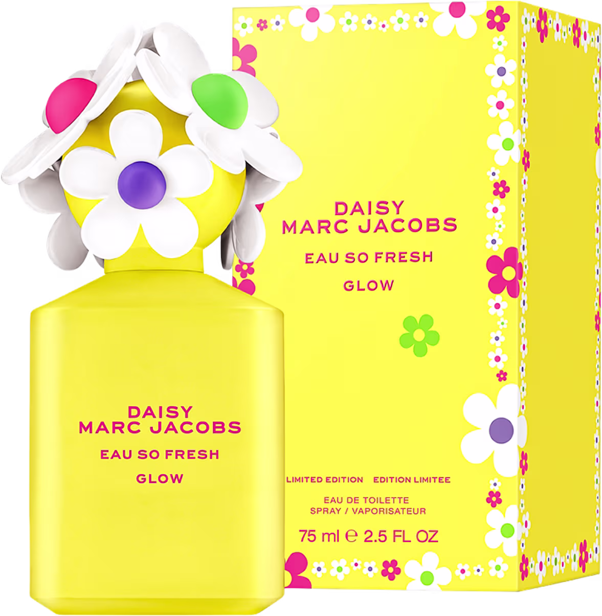 Frasco de perfume Daisy Marc Jacobs Eau So Fresh Glow, com embalagem amarela e flores coloridas, edição limitada, contendo 75 ml de produto.