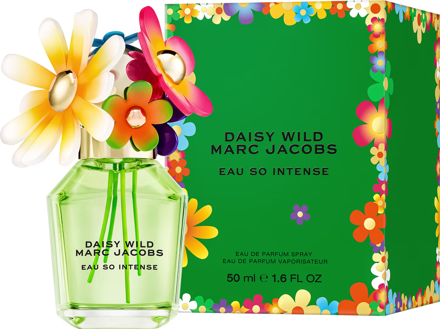 Frasco de perfume Daisy Wild Marc Jacobs Eau So Intense, com 50 ml, em embalagem verde com flores coloridas e texto em preto. Produto da linha Daisy Wild da marca Marc Jacobs.