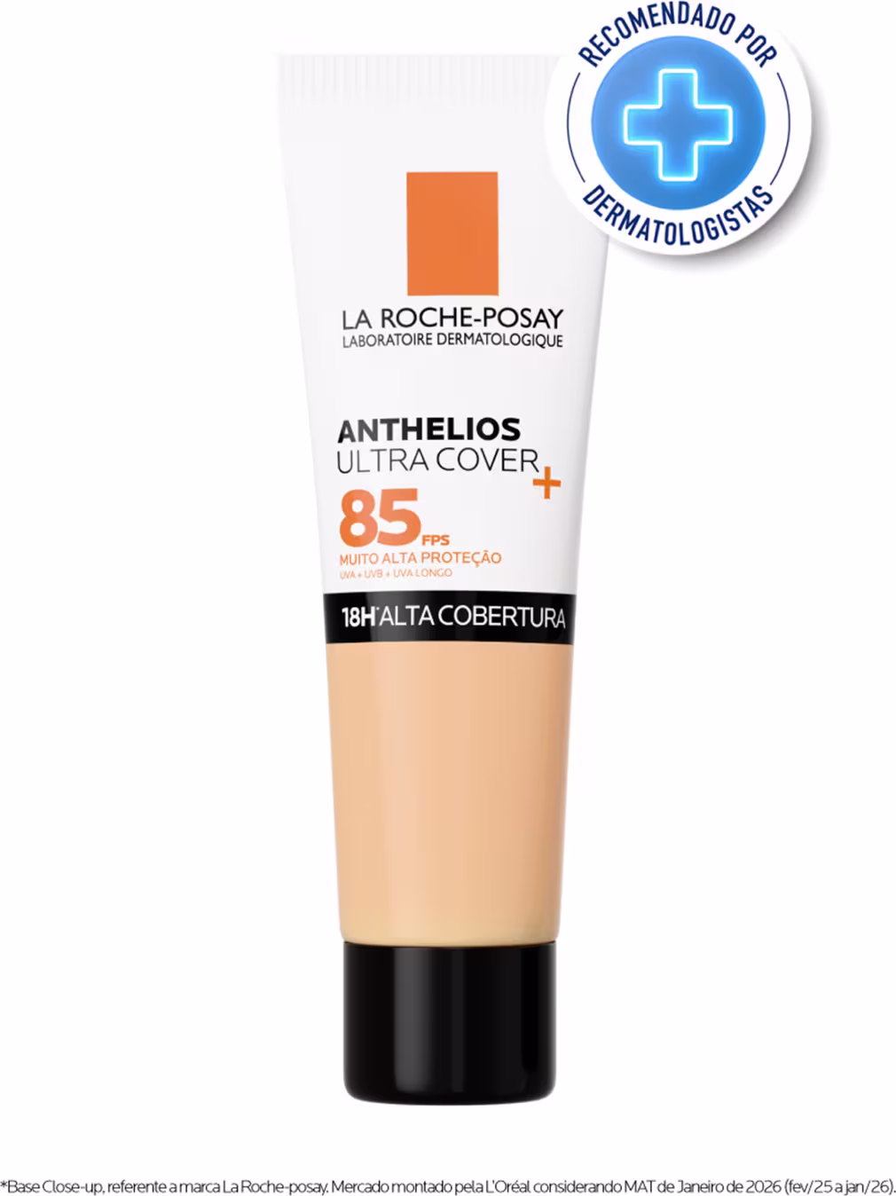Tubo de protetor solar La Roche-Posay Anthelios Ultra Cover com FPS 85, embalagem laranja e branca, com rótulo destacando a alta cobertura e recomendação de dermatologistas.