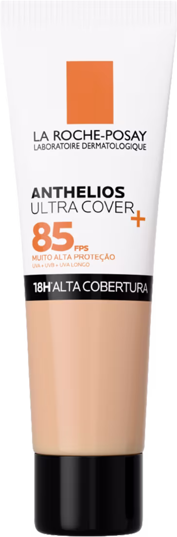 Tubo de protetor solar La Roche-Posay Anthelios Ultra Cover com FPS 85, embalagem branca e laranja, com informações sobre a alta proteção e cobertura.