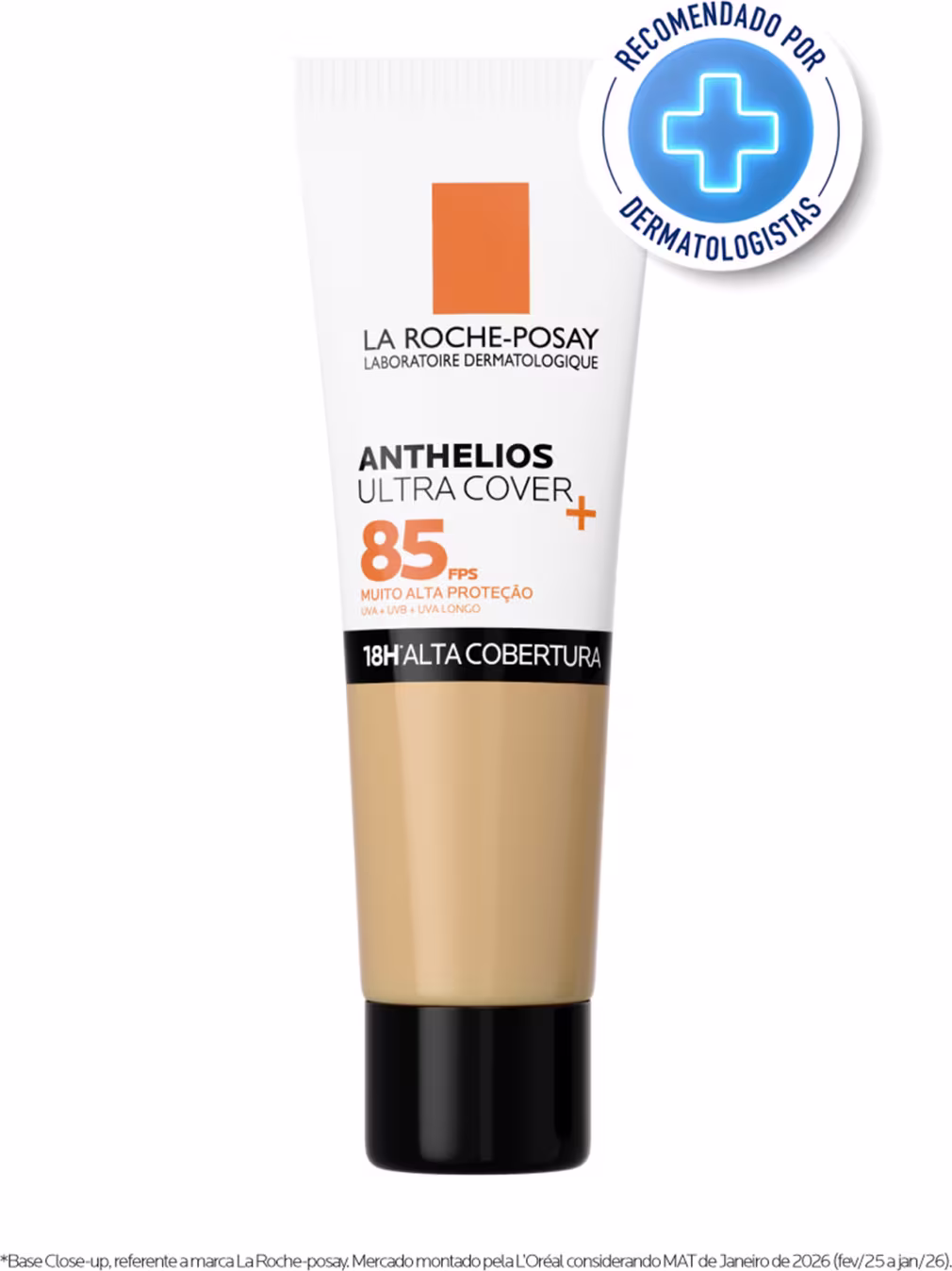 Tubo de protetor solar La Roche-Posay Anthelios Ultra Cover com FPS 85, embalagem laranja e branca, com rótulo destacando a alta cobertura e recomendação de dermatologistas.