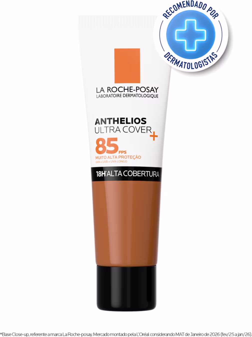 Tubo de protetor solar La Roche-Posay Anthelios Ultra Cover com FPS 85, embalagem laranja e branca, com rótulo destacando a alta cobertura e recomendação de dermatologistas.