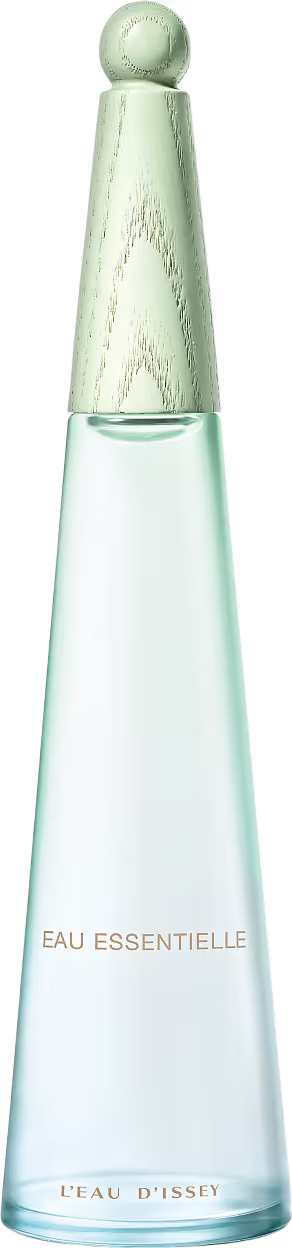 Frasco de item de perfumaria em formato cônico, com tampa arredondada, em vidro transparente com tonalidade esverdeada, exibindo rótulo com texto "EAU ESSENTIELLE L'EAU D'ISSEY".