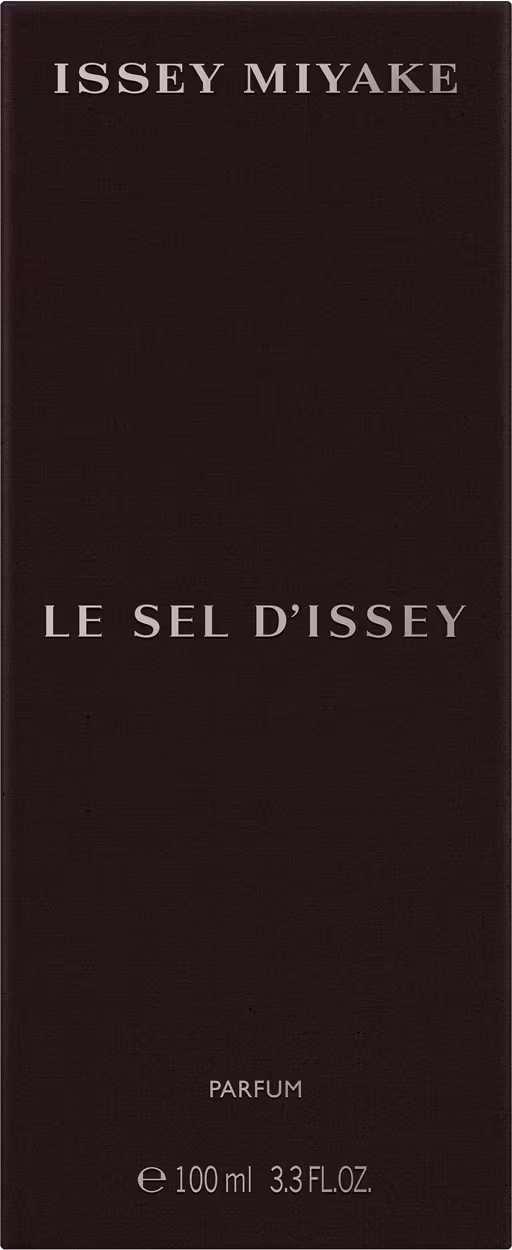 Embalagem preta retangular com texto "ISSEY MIYAKE" e "LE SEL D'ISSEY" em letras brancas, contendo um item de perfumaria.