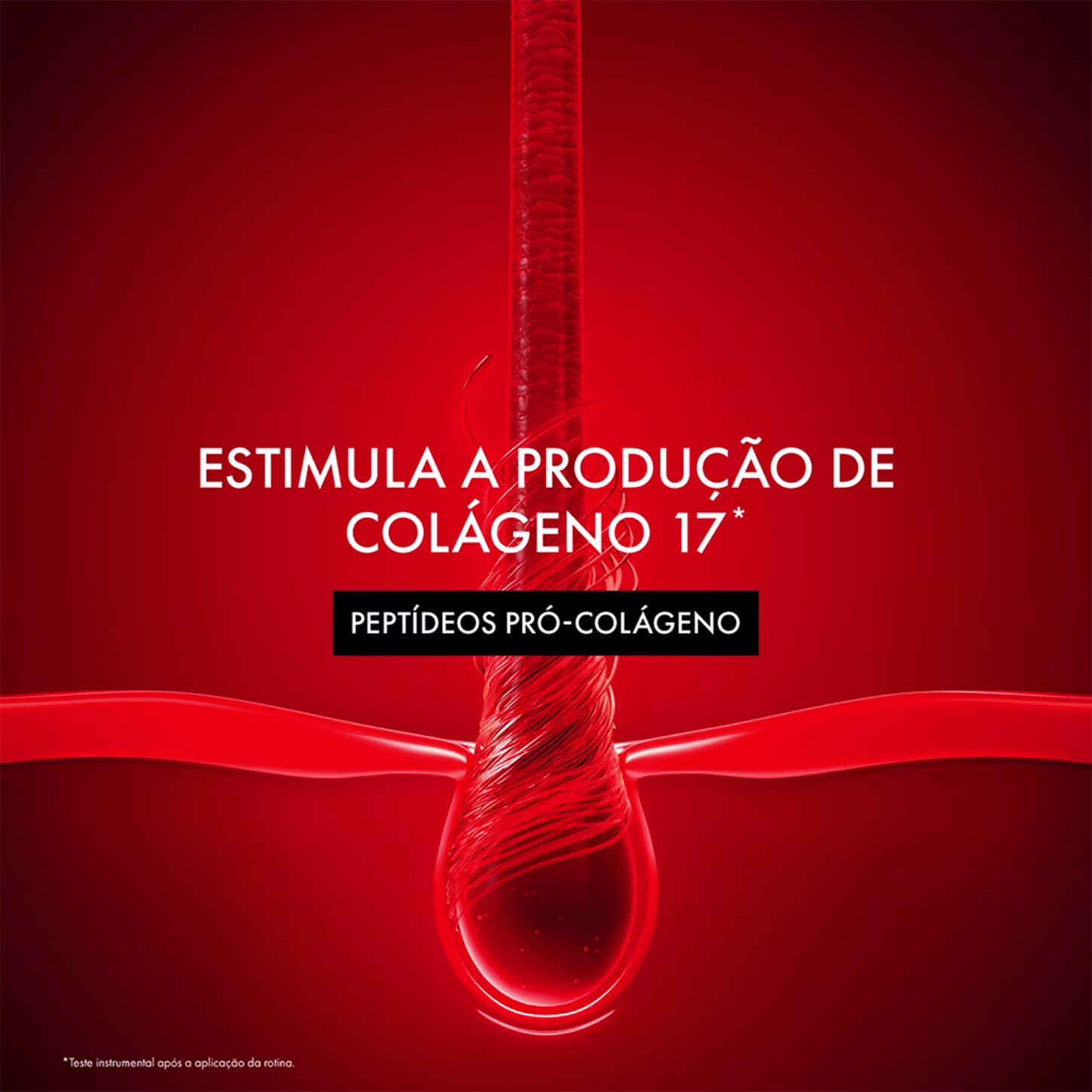 Embalagem vermelha com texto "ESTIMULA A PRODUÇÃO DE COLÁGENO 17*" e "PEPTÍDEOS PRÓ-COLÁGENO", sugerindo um item de perfumaria com ingredientes para estimular a produção de colágeno.