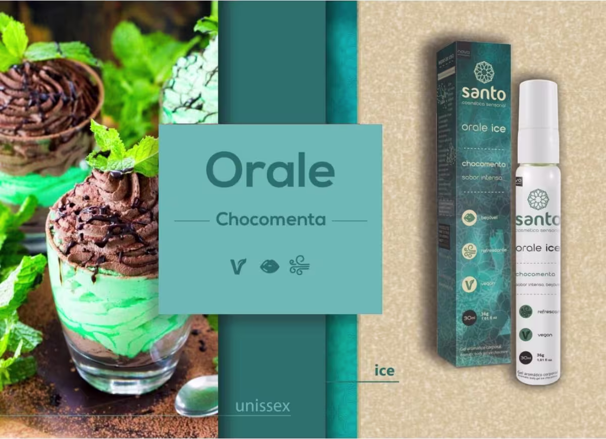A imagem mostra o produto e sua caixa do lado direito, no centro a frase "orale chocomenta" em um quadrado verde e no canto esquerdo a imagem de uma sobremesa de brigadeiro e menta.