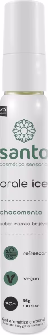 Gel aromático corporal refrescante de sabor intenso chocomenta. Embalagem cilíndrica branca de plástico. Destaca os dizeres "chocomenta sabor intenso beijável" e os selos "refrescante" e "vegan". Cores predominantes são branco e verde.