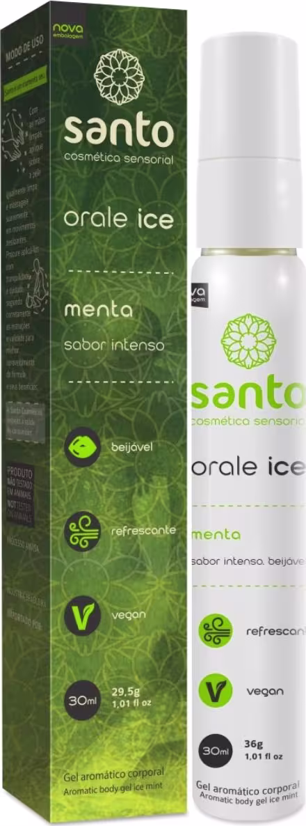 A imagem mostra o frasco do gel e a embalagem composta por uma caixa retangular de cor verde com detalhes em branco. A caixa apresenta informações como "sabor intenso", além de ícones indicando que é beijável, refrescante e vegano.