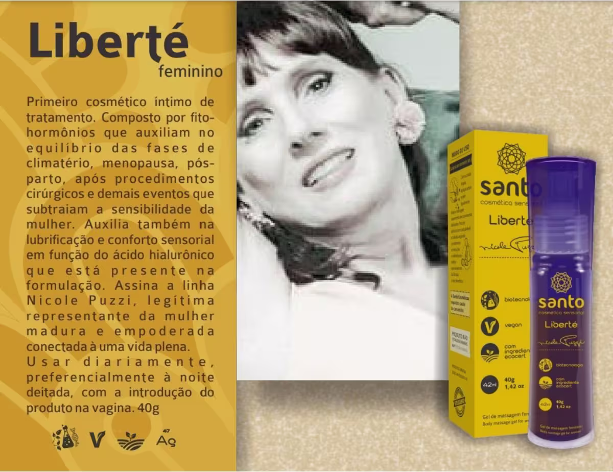A imagem mostra uma imagem central da atriz nicole puzzi que assina a linha e ao lado o frasco do produto e texto informativo com benefícios e  outras características.