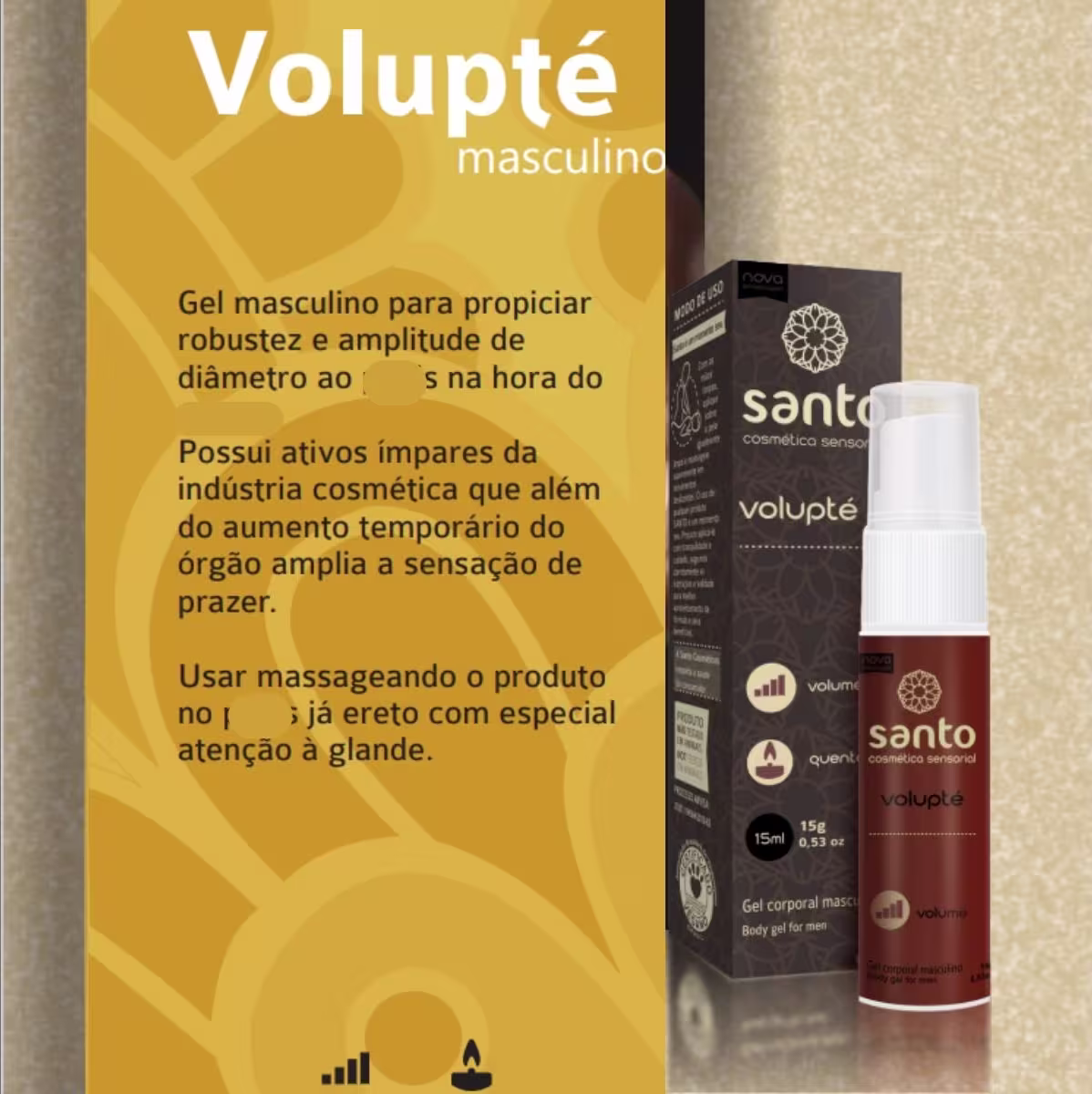 A imagem mostra o produto e texto ao lado descrevendo que é um gel para propiciar robustez e amplitude de diâmetro ao órgão masculino durante a relação sexual, com ativos cosméticos que ampliam a sensação de prazer e instruções para uso.