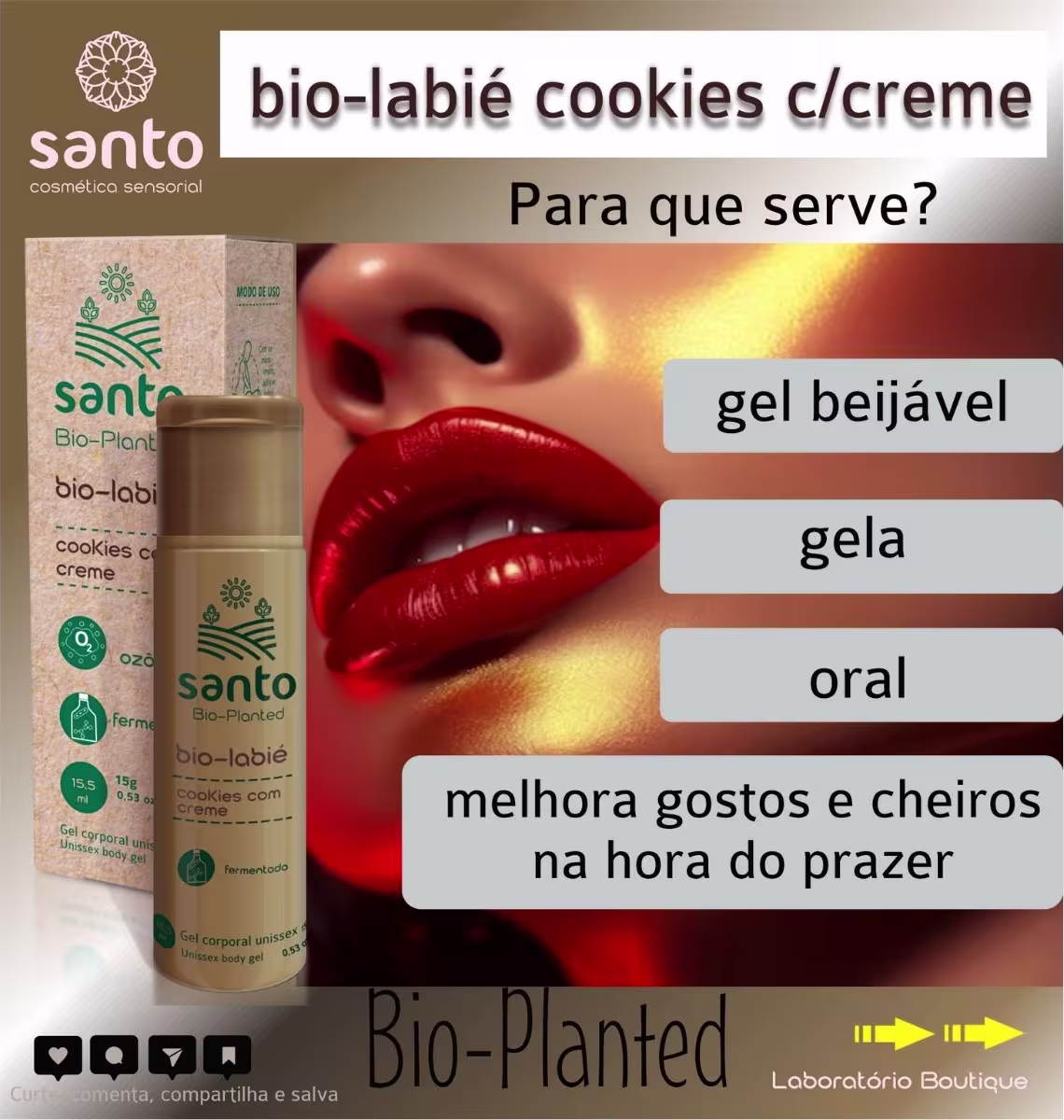 Imagem mostra o produto e uma boca feminina ao fundo. Ao lado textos destacam: gel beijável, gela, oral, melhora gostos e cheiros na hora do prazer.