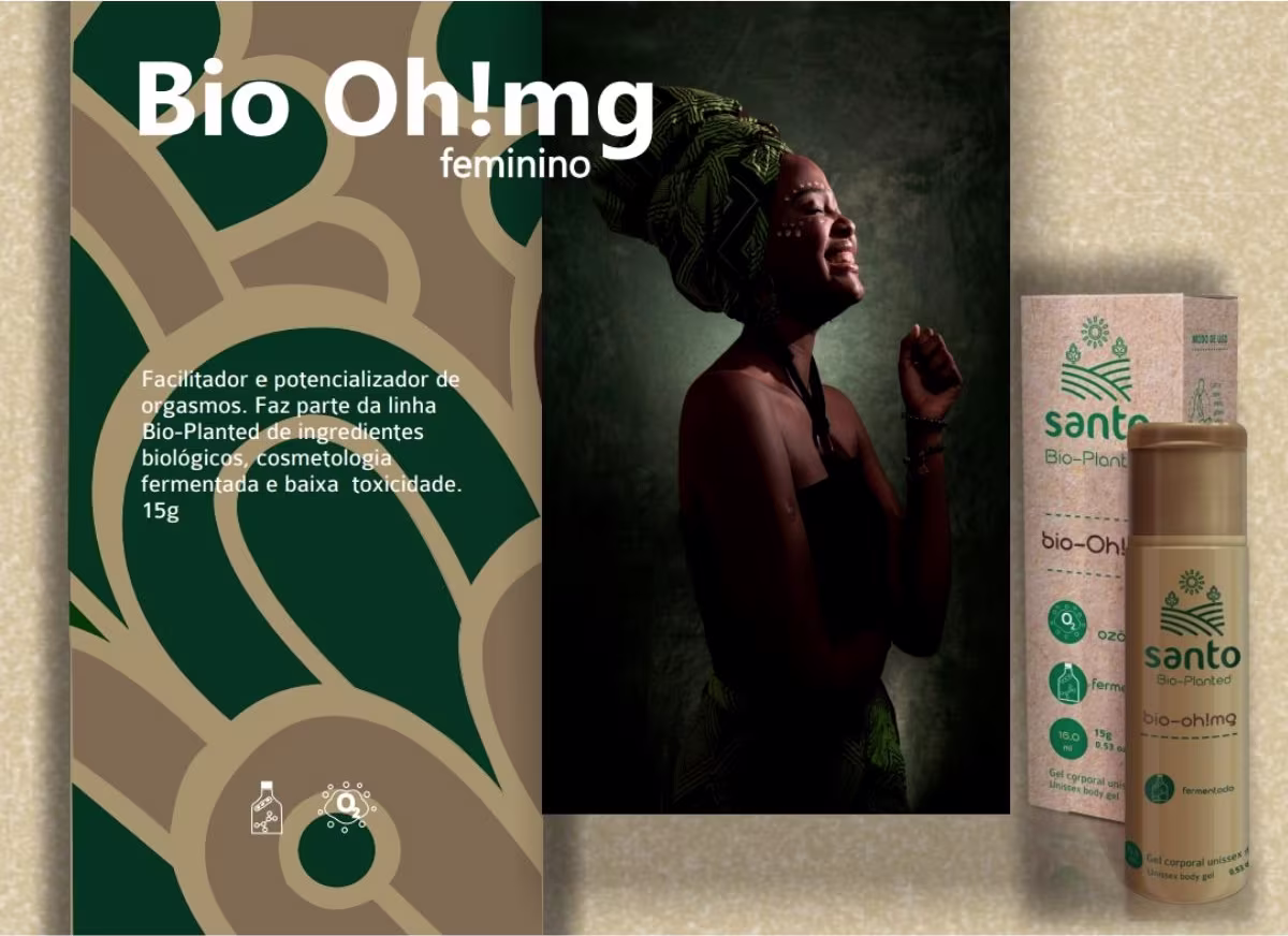 A imagem mostra o produto, no centro uma mulher negra com turbante sorrindo e ao lado texto destaca:  um facilitador e potencializador de orgasmos feminino pertencente à linha Bio-Planted de ingredientes biológicos e cosmetologia da marca.