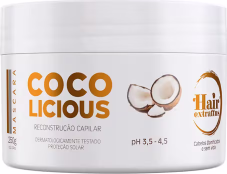 Embalagem branca com rótulo laranja e imagem de coco. Texto "Coco licious" e "Reconstrução capilar". Informações sobre pH e proteção solar. Produto da marca Hair Extrattus.