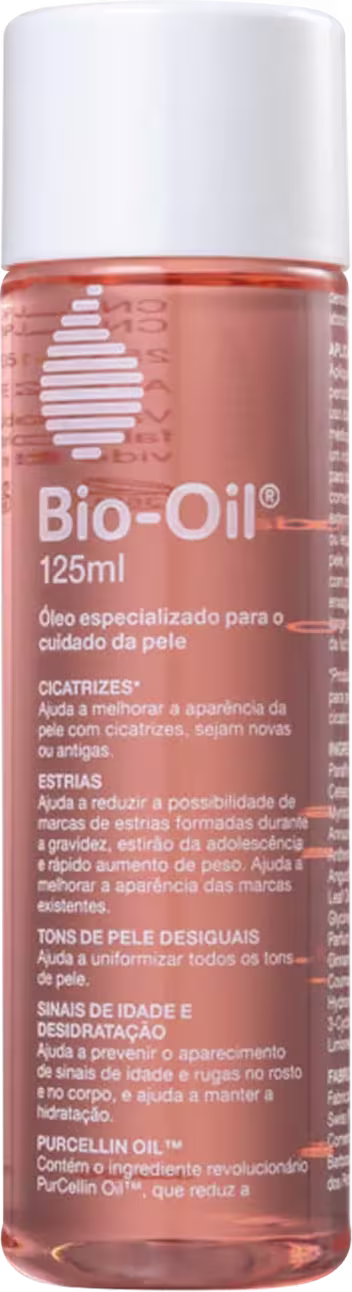 Frasco de 125ml do produto Bio-Oil, com rótulo branco e laranja, contendo informações sobre os benefícios do óleo para a pele, como cicatrizes, estrias e tons de pele desiguais.