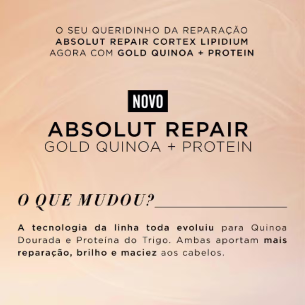 A imagem mostra um texto promocional que descreve os benefícios da linha Absolut Repair como: mais reparação, brilho e maciez.
