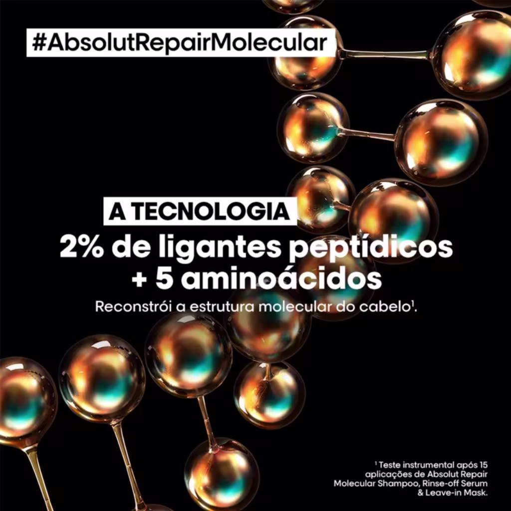 A imagem promocional apresenta texto que destaca: 2% de ligantes peptídicos + 5 aminoácidos, Reconstrói a estrutura molecular do cabelo.