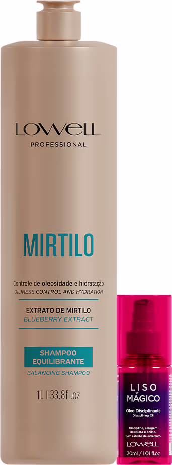 Frasco de shampoo Mirtilo da marca Lowell Professional e Liso Mágico, óleo disciplinante da mesma marca, em embalagem rosa.