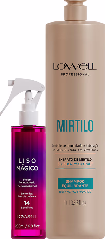 Dois produtos Lowell: um frasco de shampoo Mirtilo de 1L com rótulo bege e um frasco de spray Liso Mágico de 200ml com rótulo rosa e vermelho. Ambos apresentam informações sobre os ingredientes e benefícios dos produtos.
