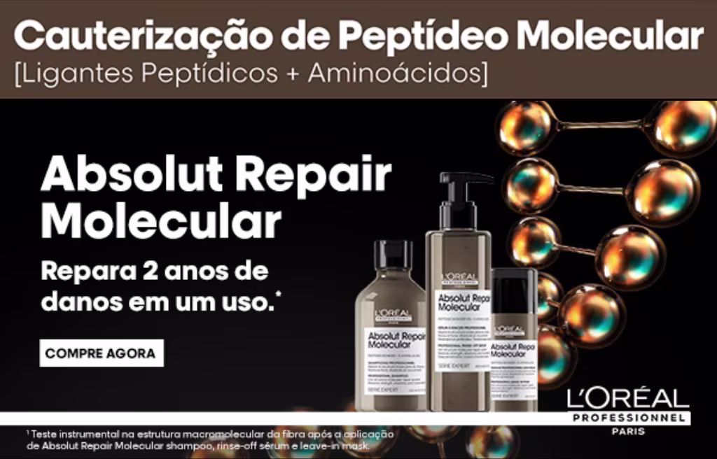 A imagem mostra um kit de produtos da linha e texto que destaca: Cauterização de Peptídeo Molecular, Repara 2 anos de danos em um uso.