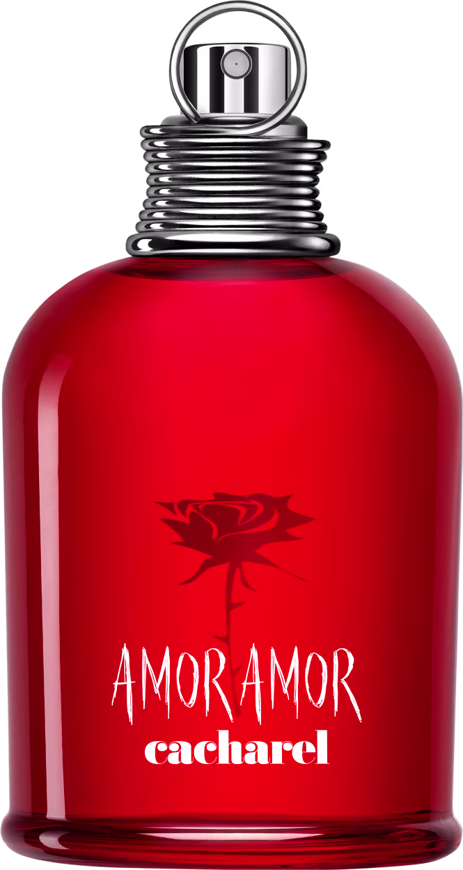 Frasco de perfume Amor Amor da Cacharel, com design arredondado e tampa metálica, em vermelho brilhante com logotipo e nome da marca em destaque.
