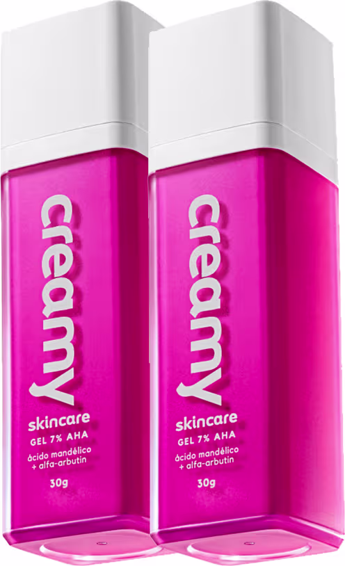 A imagem mostra dois frascos do Creamy Ácido Mandélico embalagem retangular na cor pink e tampa branca.