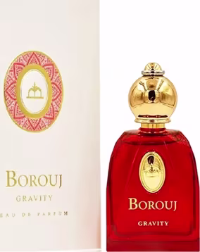 Frasco de perfume Borouj Gravity, com embalagem vermelha e dourada, exibindo o logotipo da marca em destaque. O produto é apresentado em um frasco de vidro com tampa dourada, com informações sobre a fragrância impressas na caixa.