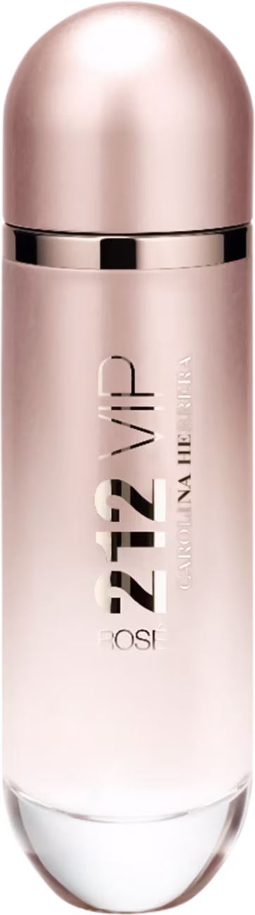 Perfume em frasco cilíndrico de metal rosado. O frasco tem um formato alongado com uma tampa arredondada na parte superior. O rótulo frontal exibe o texto "212 VIP" em letras douradas sobre fundo rosado.