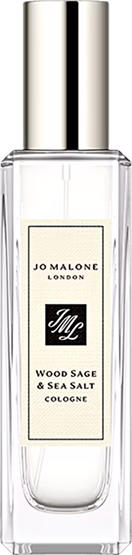 O produto apresentado é um frasco de perfume da marca Jo Malone London, com o nome "Wood Sage & Sea Salt Cologne" impresso no rótulo.