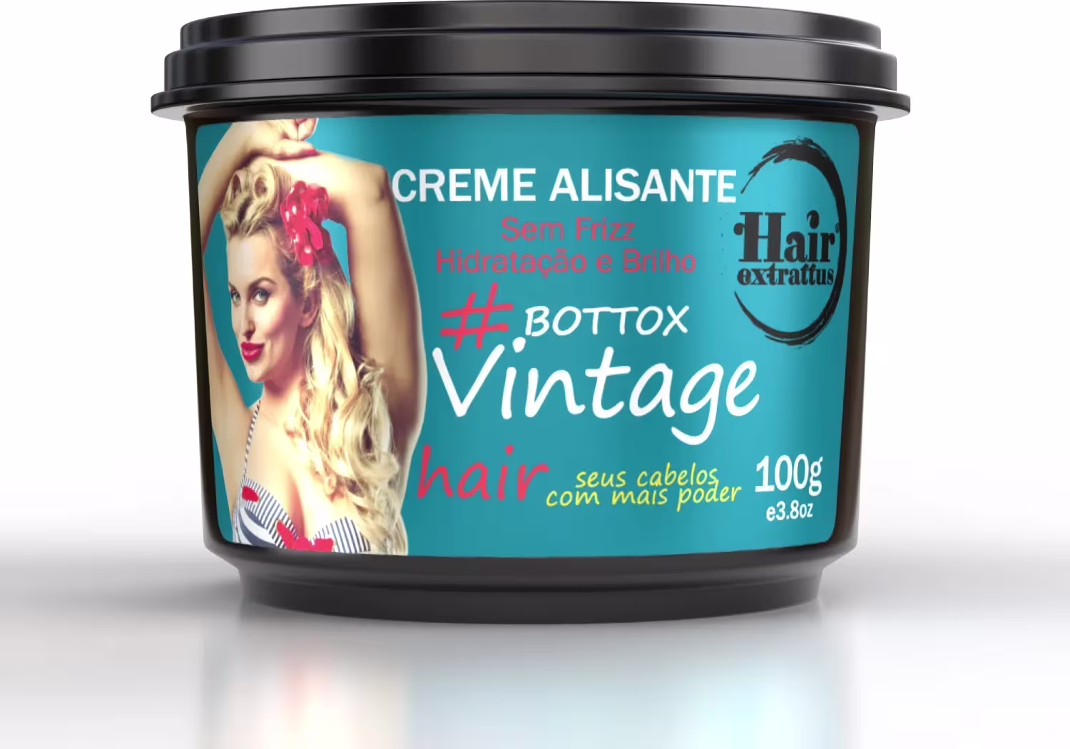 Creme alisante Hair Extrattus Bottox Vintage em embalagem preta e azul, com imagem de mulher loira e texto sobre hidratação e brilho dos cabelos.