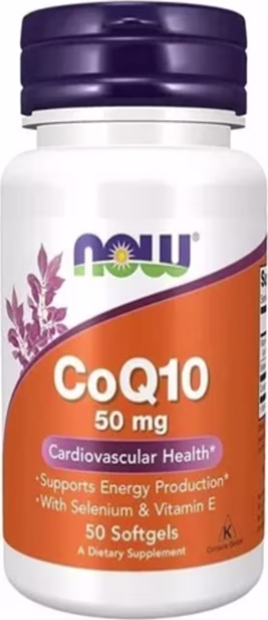 Este é um suplemento alimentar da marca Now Foods. O produto é uma embalagem plástica branca com uma tampa roxa. A embalagem contém 50 cápsulas. O rótulo laranja destaca "CoQ10 50mg" e menciona que é para "Saúde Cardiovascular" e "Produção de Energia".