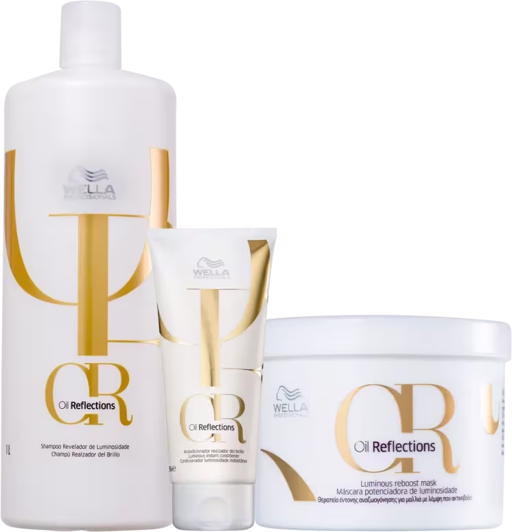 Produtos da linha Oil Reflections da Wella Professionals, incluindo um frasco de shampoo, um tubo de condicionador e um pote de máscara, todos com design em branco e dourado.