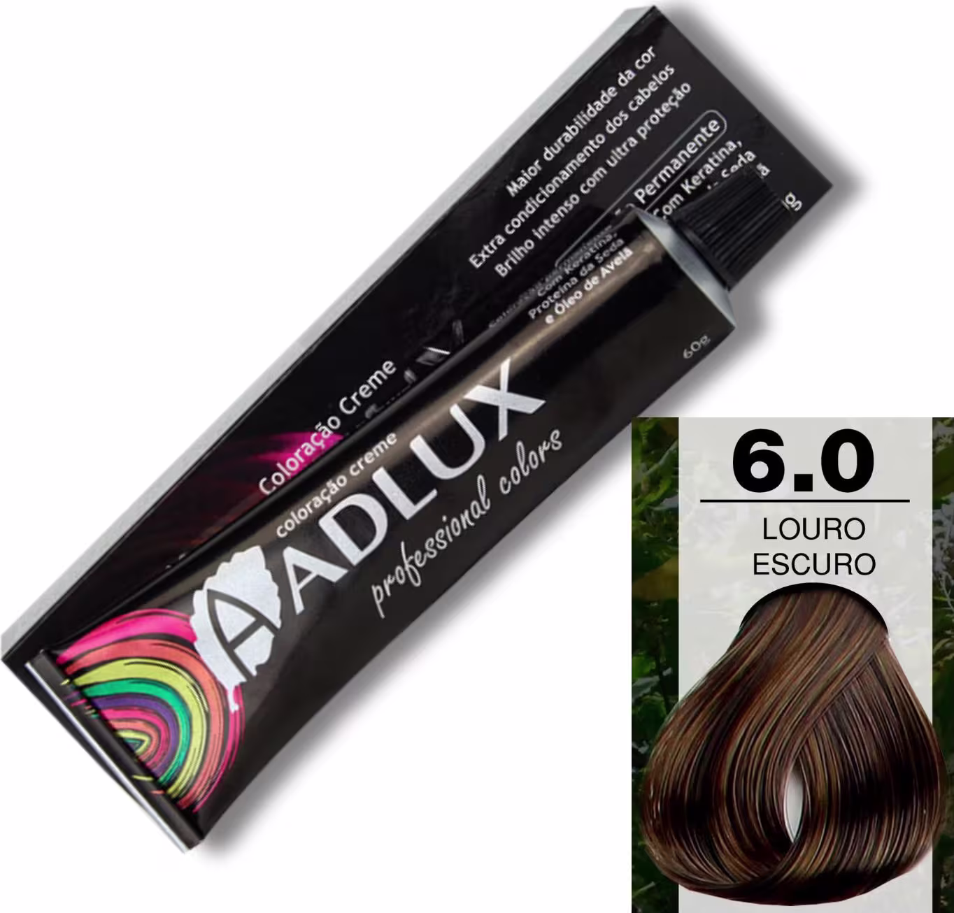 Coloração de cabelo da marca Adlux Cosméticos. Há informações sobre o tipo de coloração, indicando que se trata de uma "Coloração Creme" com "Brilho Intenso com Ultra Proteção". A embalagem exibe o número "6.0" que corresponde à tonalidade "Louro Escuro"