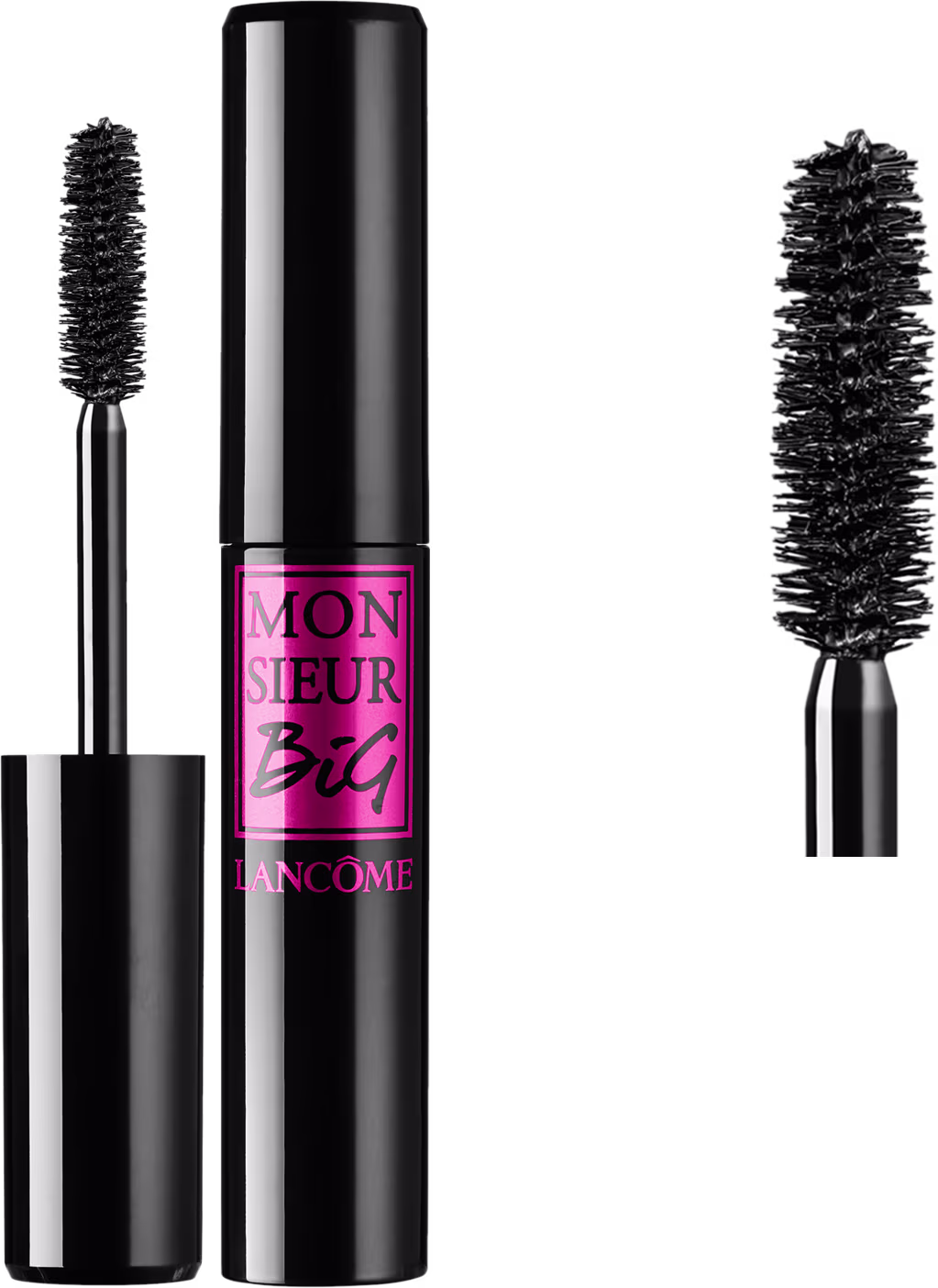 Frasco preto de máscara de cílios da marca Lancôme, com rótulo rosa destacando a frase "Monsieur Big". O produto possui uma escova preta com cerdas volumosas, projetada para proporcionar cílios intensos e definidos.