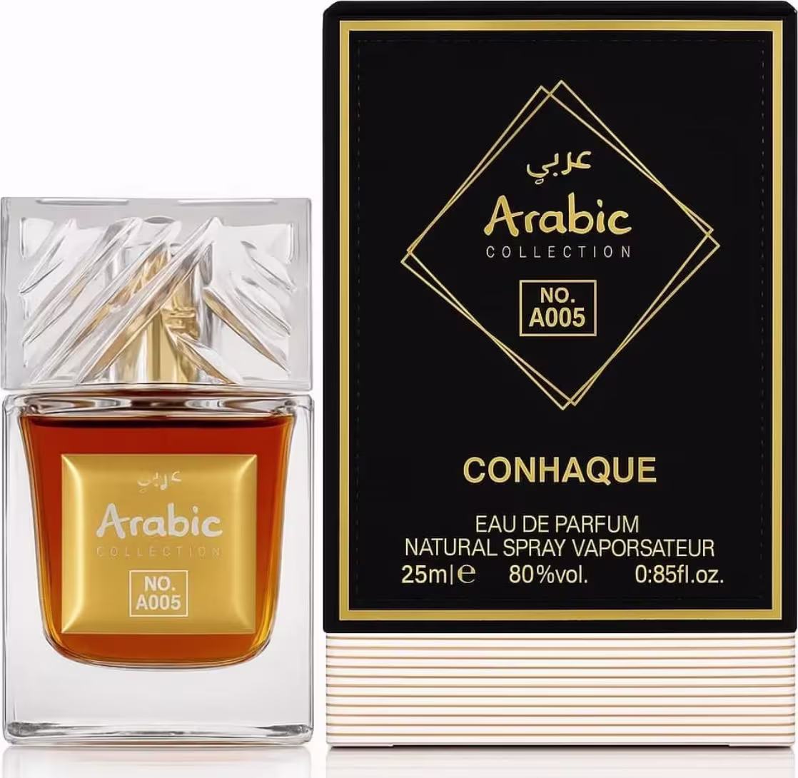 Frasco de perfume da coleção árabe da Lattafa Perfumes, com embalagem preta e dourada, contendo 25ml de "Conhaque" com 80% de concentração de óleo.