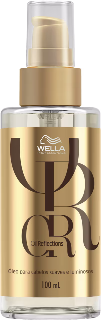 Frasco de óleo da linha Oil Reflections da Wella Professionals, com embalagem dourada e transparente, contendo 100 ml do produto.