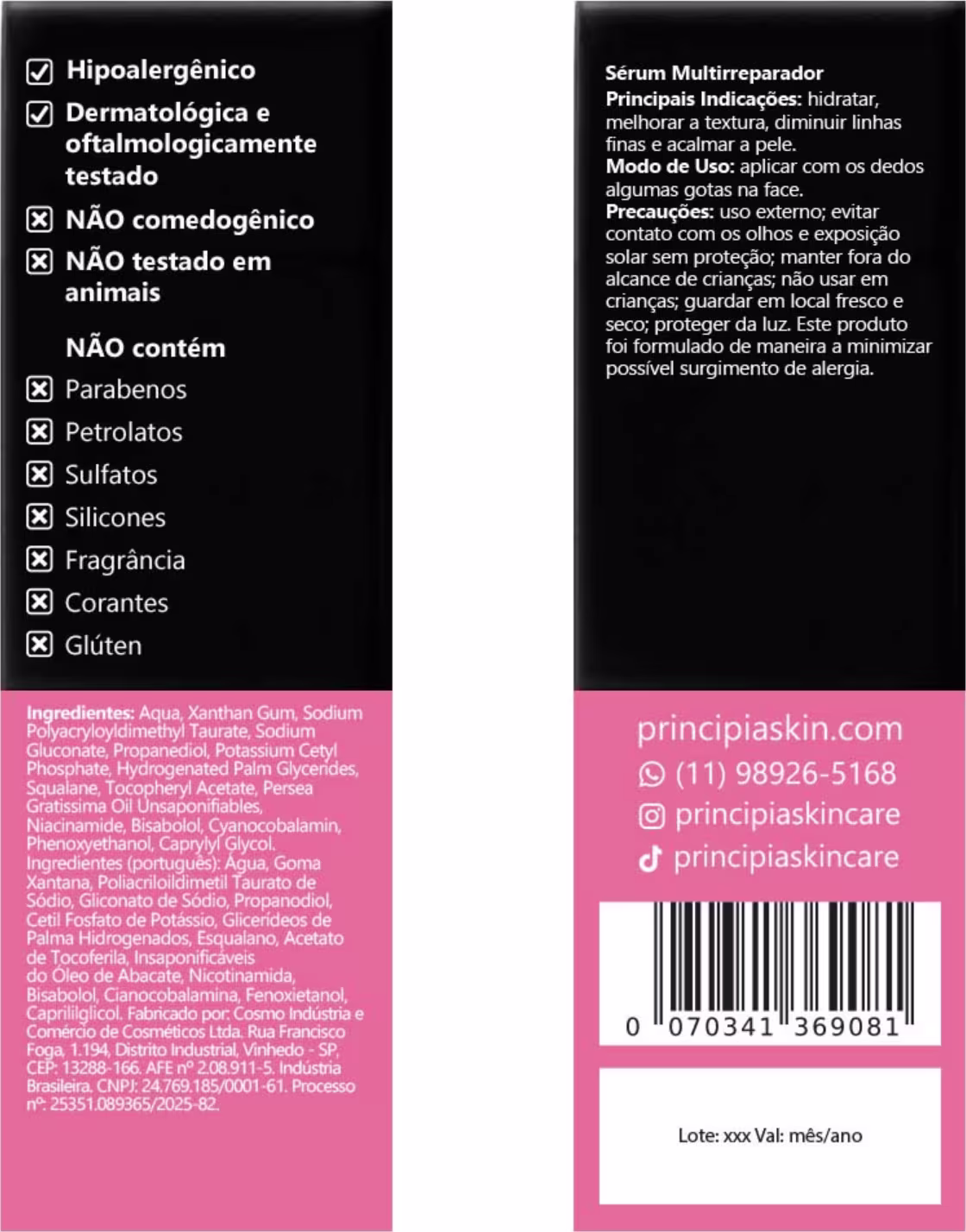 Verso da caixa de embalagem do sérum facial Mix 03 da marca Principia. 