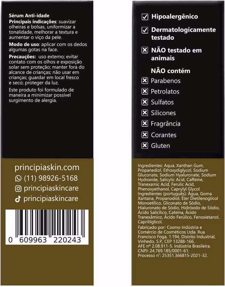 Verso da embalagem do sérum facial Mix-02 da marca Principia.