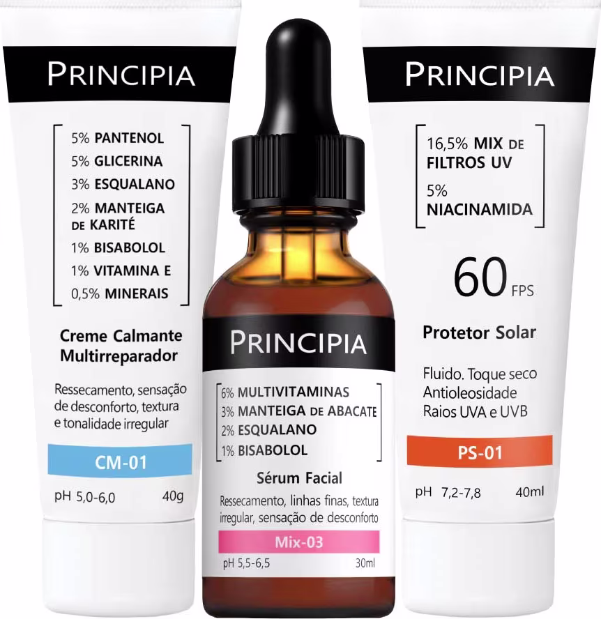 Três produtos da marca Principia: um creme multireparador, um sérum facial e um protetor solar em embalagens brancas e pretas com informações sobre os ingredientes e propriedades dos produtos.