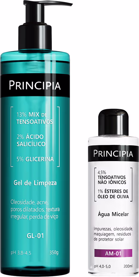 Gel de limpeza Principia com 13% de tensoativos, 2% de ácido salicílico e 5% de glicerina, em embalagem de 350g com bomba dosadora. Água micelar Principia de 200ml, com 45% de tensoativos não iônicos e 1% de ésteres de óleo de oliva.