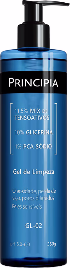 Frasco de gel de limpeza da marca Principia, com bomba dosadora preta. Embalagem azul com rótulo destacando a composição do produto.