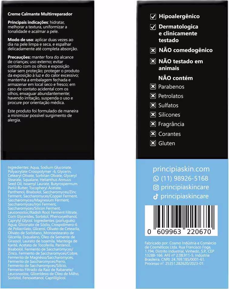 Verso da embalagem do creme facial Principia CM-01.