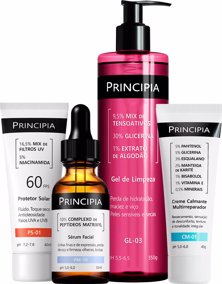 Produtos de beleza da marca Principia, incluindo protetor solar, sérum facial, gel de limpeza e creme multirreprador, em embalagens de plástico e vidro com rótulos pretos e rosa.