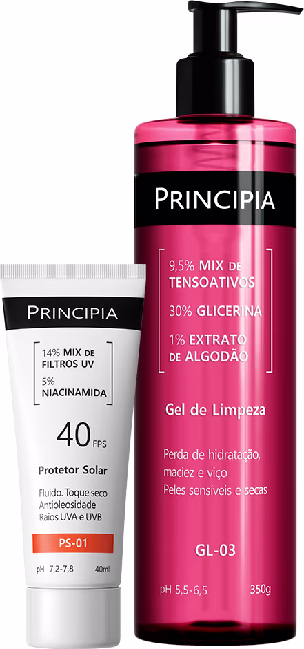 Dois produtos de beleza da marca Principia: um protetor solar em tubo branco com FPS 40 e um gel de limpeza em frasco rosa com bomba dosadora preta. Ambos os produtos apresentam informações sobre seus principais ingredientes e benefícios.