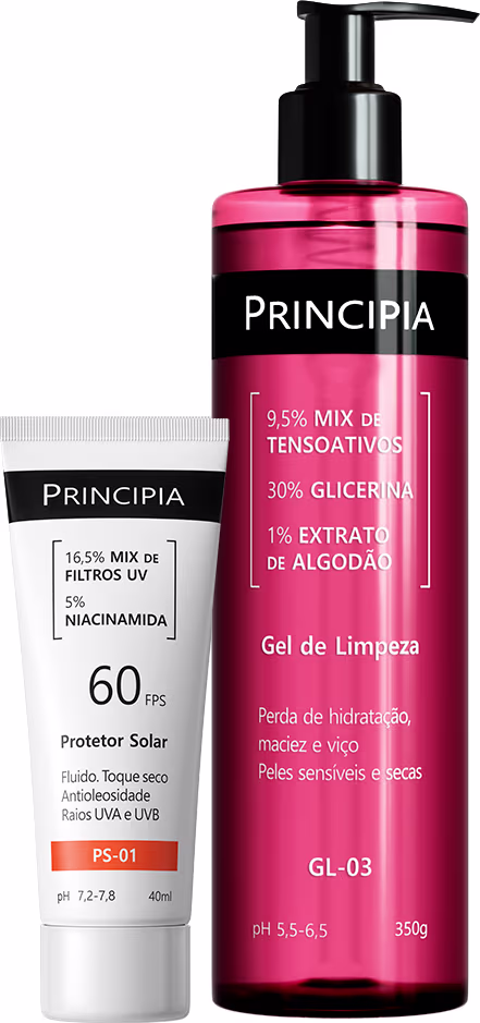 Dois produtos de beleza da marca Principia: um protetor solar em tubo branco com FPS 60 e um gel de limpeza em frasco rosa com bomba preta, contendo tensoativos, glicerina e extrato de algodão.