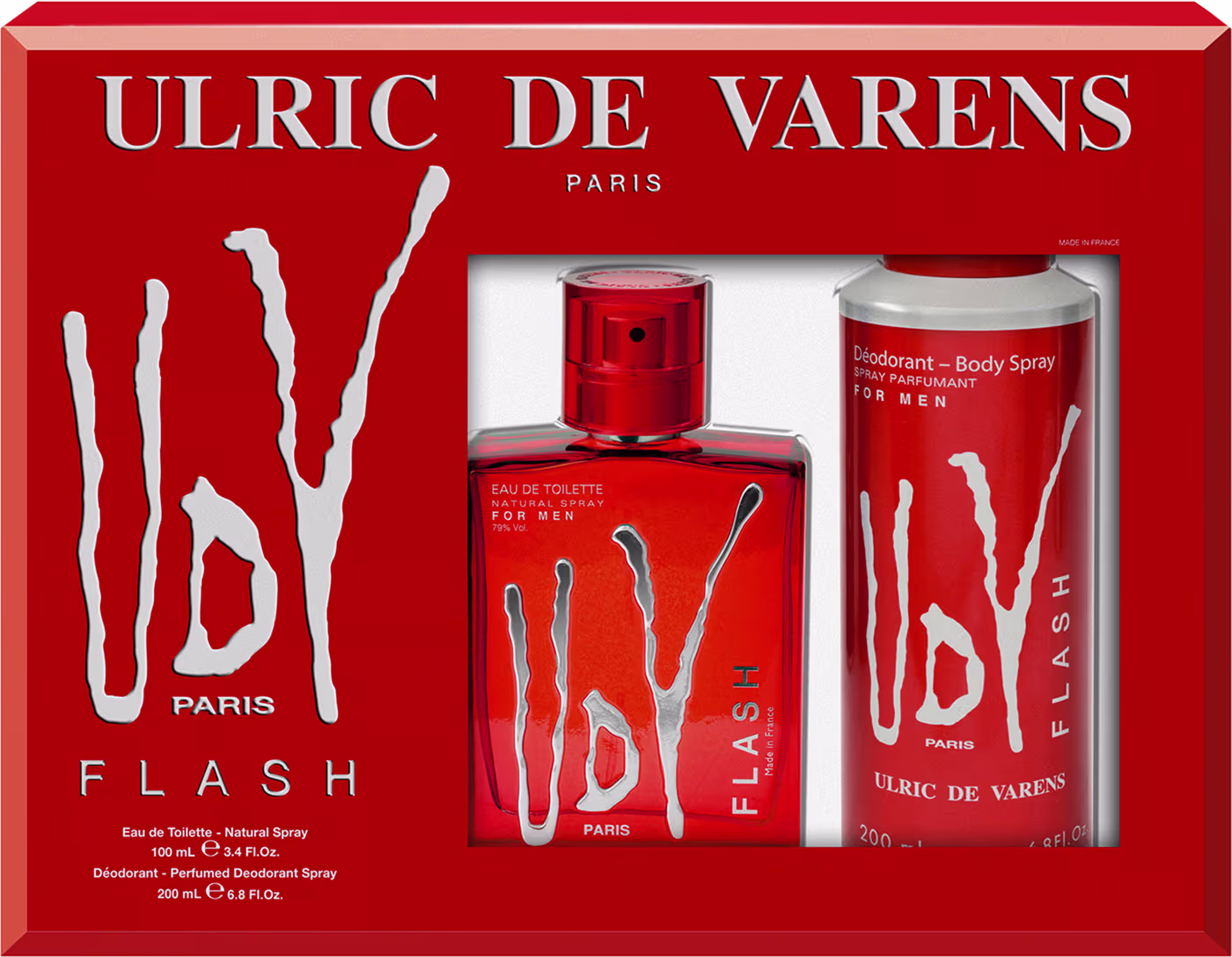 A imagem mostra uma caixa retangular vermelha com o nome da marca e linha em letras brancas. Contém um frasco de eau de toilette vermelho de 100ml com detalhes brancos, um desodorante corporal spray vermelho de 200ml.