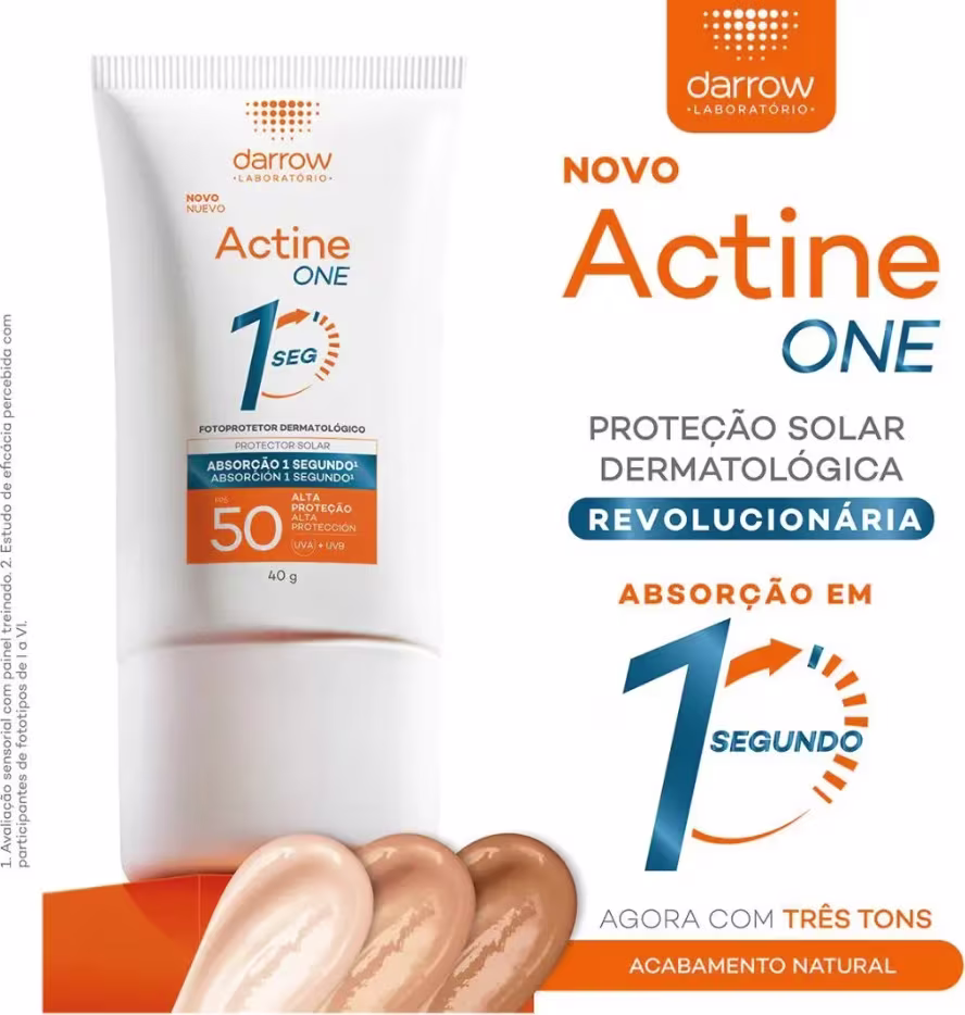 Novo Actine ONE: Proteção solar dermatológica revolucionária. Absorção em 1 segundo. Alta proteção UVA/UVB. Agora com três tons. Acabamento natural.