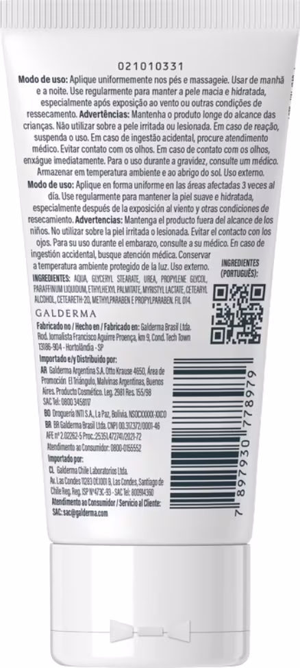 Creme hidratante para os pés da marca Cetaphil, com 10% de ureia em sua composição. Embalagem branca com detalhes em azul e rosa, contendo 50g do produto.