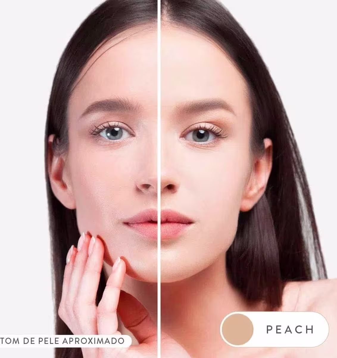 Imagem de rosto feminino com protetor solar na cor Peach, em fundo branco, com destaque para a cor pêssego da marca Adcos.